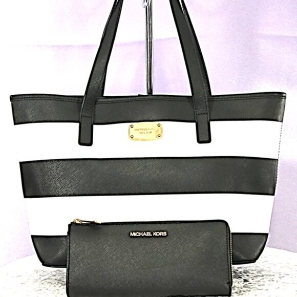 Michael Kors Jet Set Travel Large Tote & Zip Wallet Set – Black & White Saffiano - Picture 1 of 15
